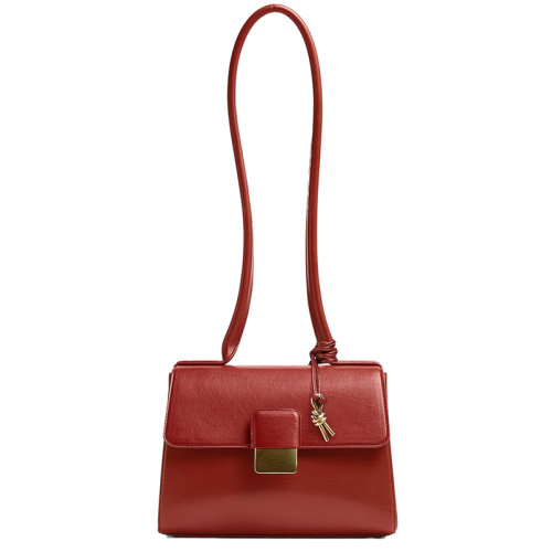 Bottega Veneta/葆蝶家 22新款 Desirede系列 女士中号红色小牛皮金属扣翻盖开合中长款单肩包718246V2EQ06303