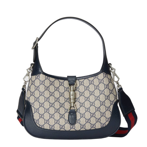 Gucci/古驰 22春夏新款Jackie 1961系列 女士小号米色/蓝色提花帆布配蓝色皮革红蓝肩带银扣老花单肩手提包 67884396IWN4076