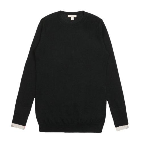 BURBERRY/博柏利 女士黑色羊绒混纺棉质格纹袖口圆领长袖上衣毛衣套头衫针织衫 3855185