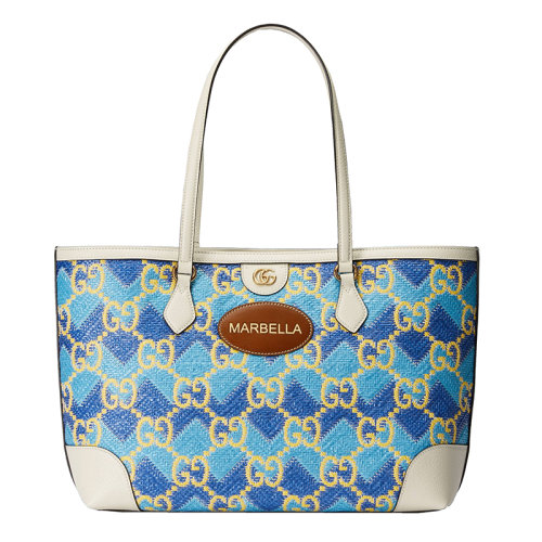 GUCCI/古驰 22新款 女士宝蓝色/蓝色稻草效果面料配皮革GG老花Marbella字样刺绣手提包托特包631685UYFBG8833