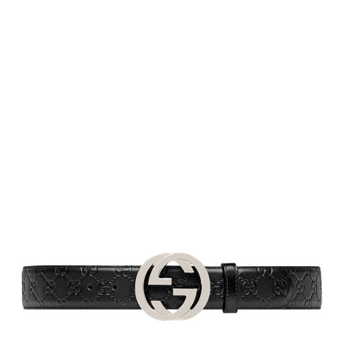 GUCCI/古驰 男士黑色压花牛皮银色双G板扣式腰带皮带 411924-CWC1N-1000