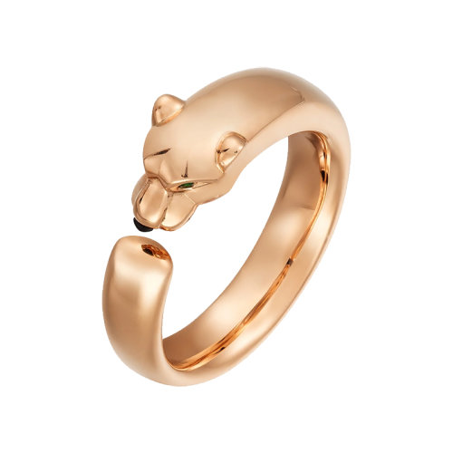 CARTIER/卡地亚 PANTHèRE系列 18K金玫瑰金镶嵌绿色石榴石和缟玛瑙猎豹戒指  B4230000