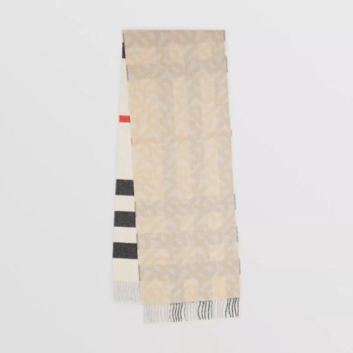  BURBERRY 22年秋冬 女士 双面两用格纹拼专属标识羊绒围巾 80638151