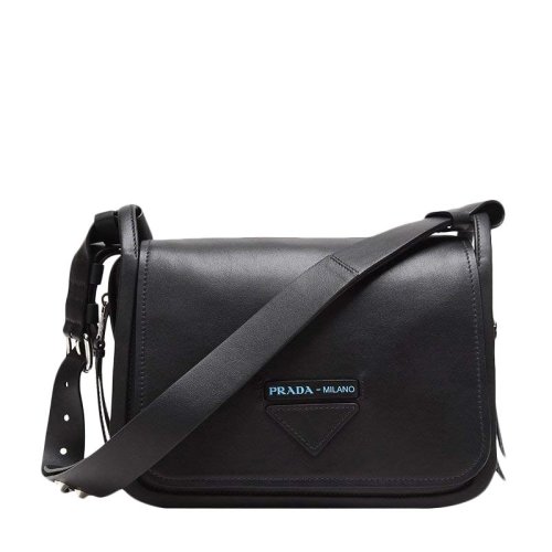 PRADA/普拉达 女士黑色牛皮翻盖logo标识时尚单肩斜挎包