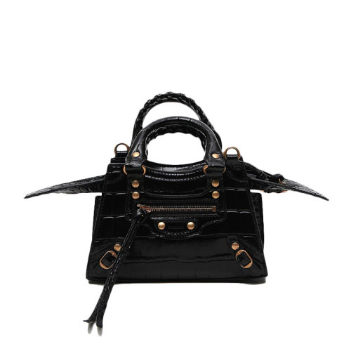 Balenciaga/巴黎世家 Neo Classic City系列女士黑色鳄鱼纹小牛皮铆钉元素拉链开合单肩包斜挎包手提包梯形包女包 638527-1ROD1-1000