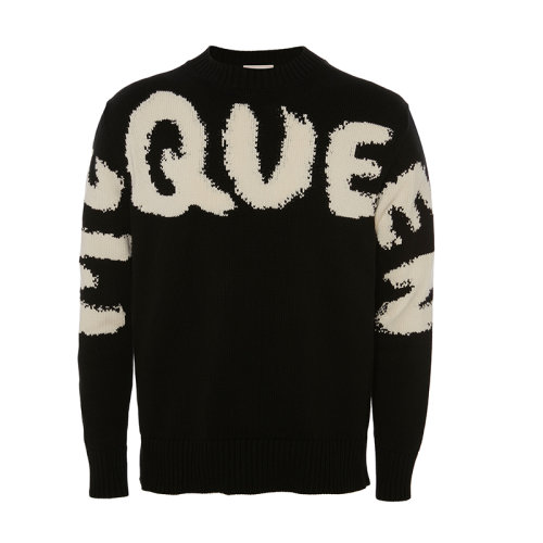 Alexander McQueen/亚历山大麦昆      Graffiti系列 男士黑色/象牙白纯棉LOGO涂鸦嵌花标志针织衫684750Q1GBK1001