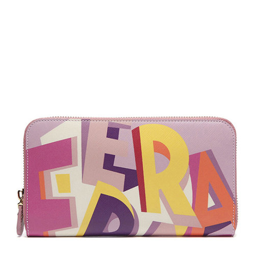 Salvatore Ferragamo/菲拉格慕 女士多色拼色牛皮英文印花长款拉链钱包