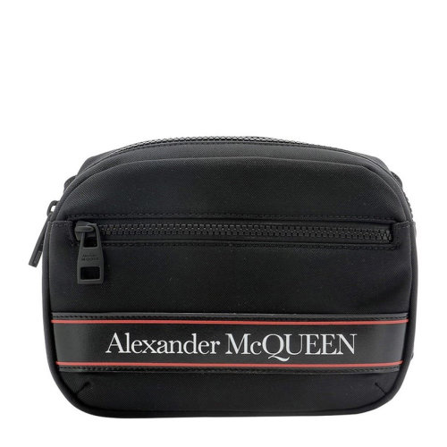 Alexander McQueen/亚历山大麦昆 男士黑色尼龙正面对比字母徽标印花拉链开合单肩包斜挎包胸包腰包男包 625512-HV2AB-1083