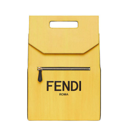 FENDI/芬迪 20   FENDI PACK系列 男士黄色小牛皮FENDI ROMA印花磁性翻盖手提双肩背包7VZ060ADP6F1CIA