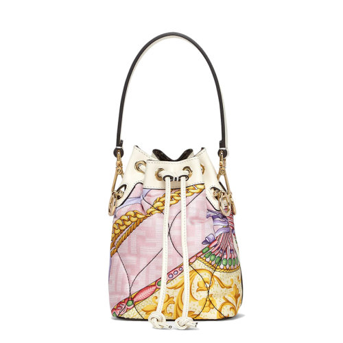FENDI/芬迪 22新款Mon Tresor系列 女士Fendace联名款迷你粉色桑蚕丝印花手提抽绳水桶包8BS010AKBAF1I09