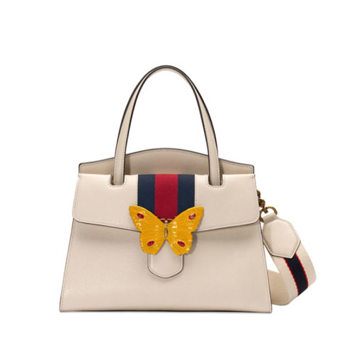 GUCCI/古驰 女包 时尚百搭 红绿织带蝴蝶装饰 女士象牙白色皮革手提包 505344CWGKT9674