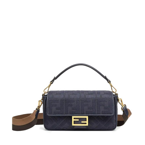 FENDI/芬迪 BAGUETTE系列 女士中号深蓝色帆布老花印花磁扣翻盖开合斜跨单肩手提包8BR600AC9OF19PO