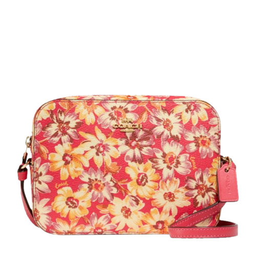 COACH/蔻驰女士粉色涂层帆布配皮复古雏菊印花字母徽标装饰拉链开合单肩包斜挎包相机包女包 F3572IMPMC