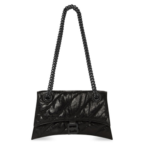 Balenciaga/巴黎世家 22新款 Crush系列 女士小号黑色粒面绗缝小牛皮哑光黑色标志铆钉磁扣配黑色链条单肩手提斜挎包716351210IY1000