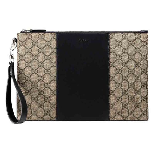 GUCCI/古驰 Supreme GG系列 男士米色帆布与黑色皮革拼接手拿包495017KGDHN9769