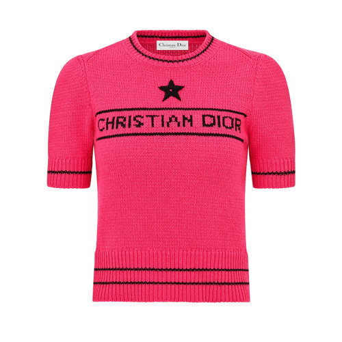 DIOR/迪奥 22年早春新款 女士亮粉色羊毛和羊绒混纺针织面料标志星星图案刺绣短袖针织衫毛衣224S09AM308_X4800
