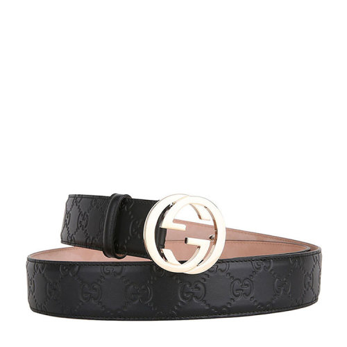 GUCCI/古驰  女士经典款 金扣 黑色小牛皮双G纹皮带 腰带 宽3.8CM