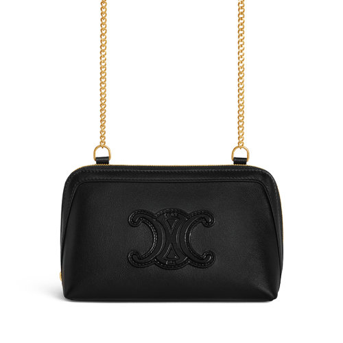 CELINE/赛琳 22新款TRIOMPHE系列 女士黑色皮革饰同色系凯旋皮扣贴片金链单肩斜挎链条包10E383DR8.38NO