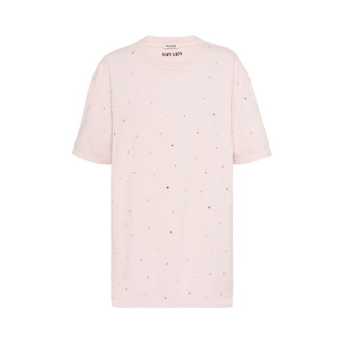 MiuMiu/缪缪 粉色 女士仿水晶装饰短袖T恤 MJN179_1WA2_F0028