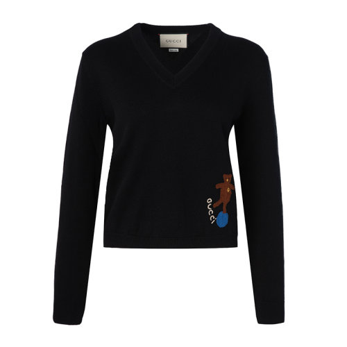 GUCCI/古驰 女士黑色山羊绒长袖V领长袖针织衫毛衣 622216-XKBH2-1152