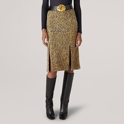 St.John/盛蔷黄色粗花呢提花针织中长女士半身裙K7110K3