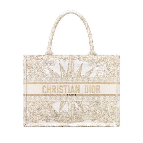 DIOR/迪奥 23新款 女士中号白色/金色帆布金属线刺绣图案字母标志手提肩背托特包M1296ZRXV_M981