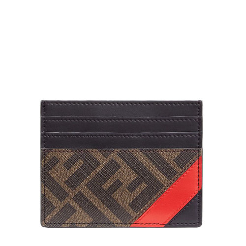 FENDI/芬迪  男士棕色FF提花织物黑色小牛皮红色调卡片夹7M0164A9XSF19P9