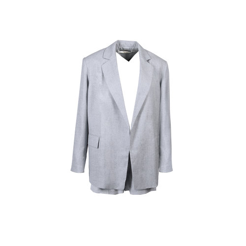 HUI/卉 女士休闲套装20春夏新款灰蓝色垫肩廓形西装外套+短裤套装