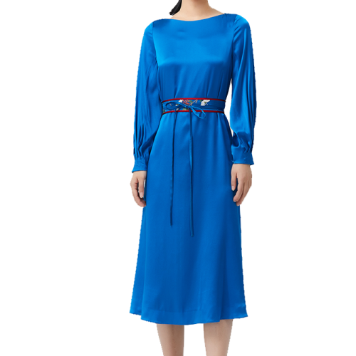 HUI/卉 21年秋冬新品 靛蓝经典弹力重绉真丝一字领落肩袖腰间红妆香兰非遗刺绣腰封内里蚕丝莫代尔女士连衣裙HR41L03808