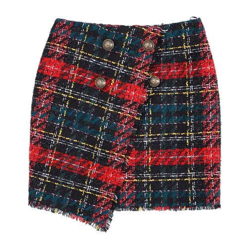 Balmain/巴尔曼 红色 女士不对称设计粗花呢格纹短裙 UF14059X403  早秋