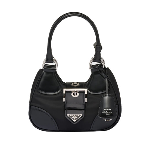 PRADA/普拉达 Moon系列 女士黑色再生尼龙/皮革饰有拆卸钥匙圈金属珐琅饰品磁扣开合单肩手提包1BA381_R789_F0002_V_OOM