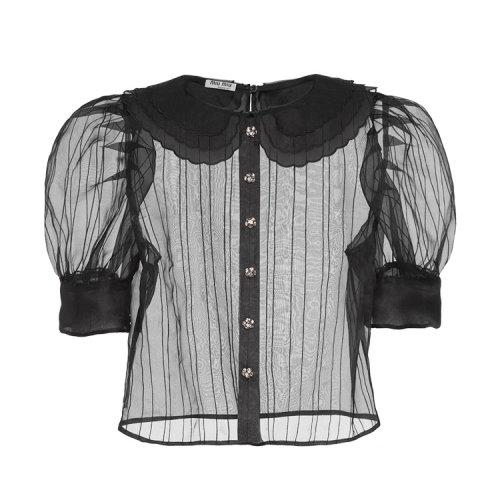 MiuMiu/缪缪 黑色 女士宫廷风泡泡袖欧亘纱衬衫 MT1519_401_F0002