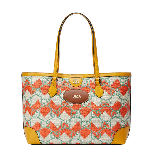 GUCCI/古驰 22新款 女士橙色草编效果老花印花织物配Ibiza皮饰黄色皮革细节金扣单肩手提托特包631685UYFHG8827