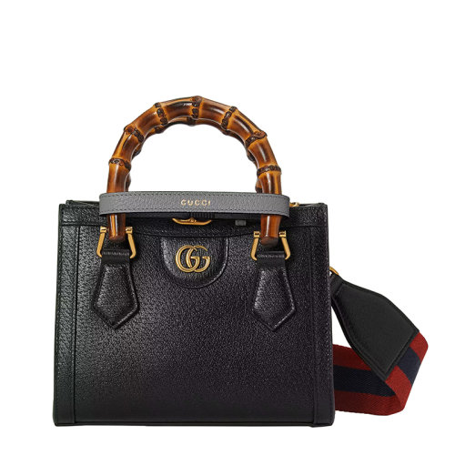 GUCCI/古驰 22春夏新款Diana系列 女士迷你黑色皮革灰色饰带金扣双竹节提手单肩手提托特包702732U3ZDT1260