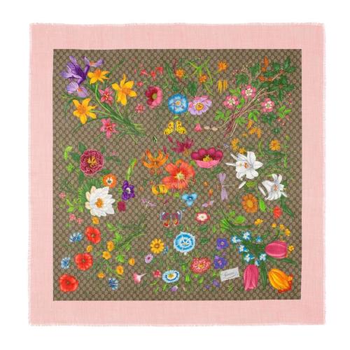  GUCCI古驰 22年秋冬 女士 GG花卉印花羊毛真丝混纺披肩 609318 3G165 9772