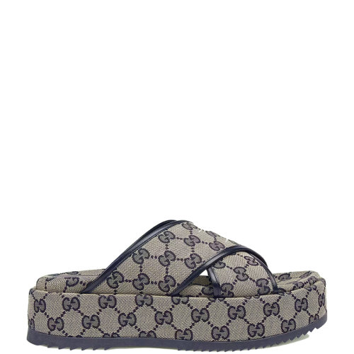 GUCCI/古驰 22年春夏新款 女士米色/蓝色经典老花帆布防水台拖鞋?692842H63204061