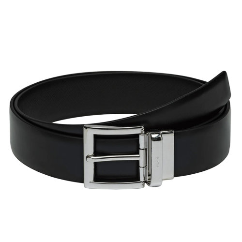 PRADA/普拉达 男士黑色摩洛哥皮革和小牛皮抛光钢扣双面腰带33毫米2CC004_2AJ9_F0002