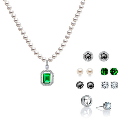 zhuella/珠艾乐 祖母绿锆石吊坠 可脱卸   淡水珍珠项链 天然淡水珍珠太阳款耳钉