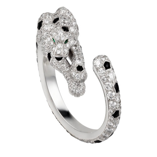 CARTIER/卡地亚 Panthère 系列 18K金白金祖母绿玛瑙钻石戒指 镶嵌2颗祖母绿和264颗明亮式切割钻石N4748900