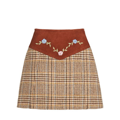 MiuMiu/缪缪 棕色 女士花朵刺绣装饰苏格兰格纹半身裙 MG1358_1V7S_F0D22