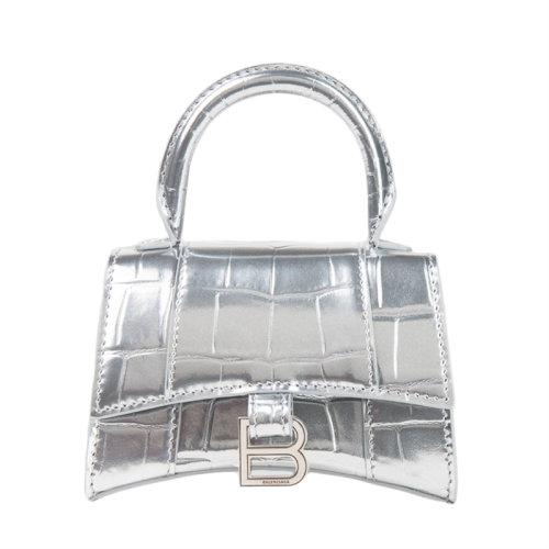 Balenciaga/巴黎世家 早春新款 银色金属鳄鱼压纹小牛皮 沙漏手柄迷你包6373721S4CY8110