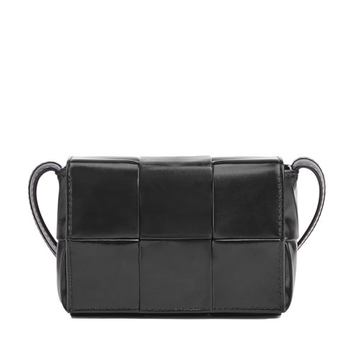 Bottega Veneta/葆蝶家 21新款CASSETTE系列 男女同款迷你黑色小牛皮Intreccio编织单肩斜挎豆腐包667048VCQ728803