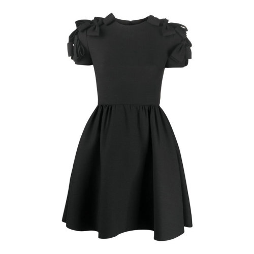 Valentino/华伦天奴 女士黑色初剪羊毛真丝混纺蝴蝶结缀饰圆领短袖全裙式连衣裙 UB3VAT91-1CF-0NO