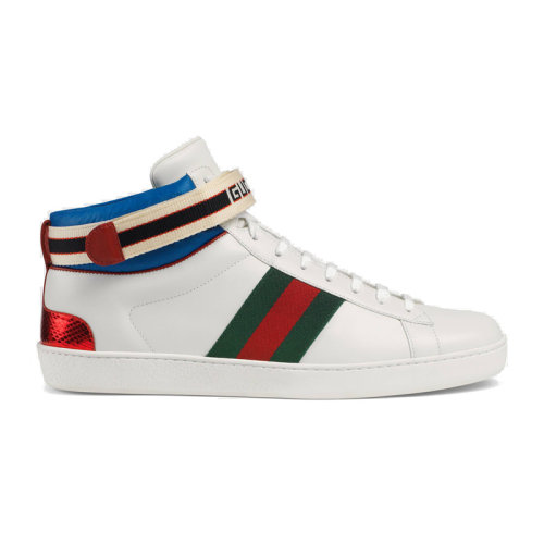 GUCCI/古驰  男鞋 古琦男士红绿条纹 高帮系带休闲运动鞋 黑色/白色 时尚潮流 523472-0FIW0-1079