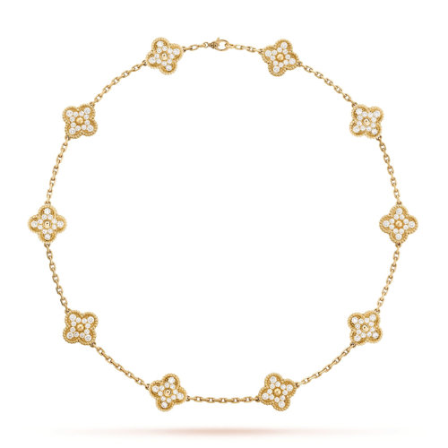Van Cleef & Arpels/梵克雅宝 Alhambra 女士复古金色镶钻多重四叶草项链 VCARA42300