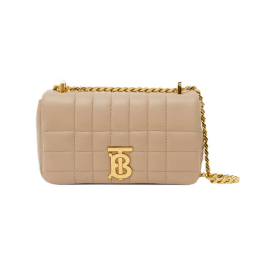 BURBERRY/博柏利 22新款 Lola系列 女士迷你云灰色鞣制粒面皮革字母标志顶部翻盖磁扣开合字母抛光金属金色链条肩背斜挎包80630151