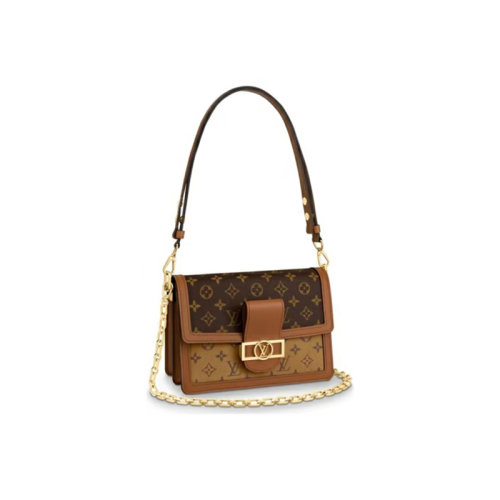 Louis Vuitton Dauphine 达芙妮MM 皮革肩带加金属链条 老花拼皮 单肩斜挎包 中号 棕色