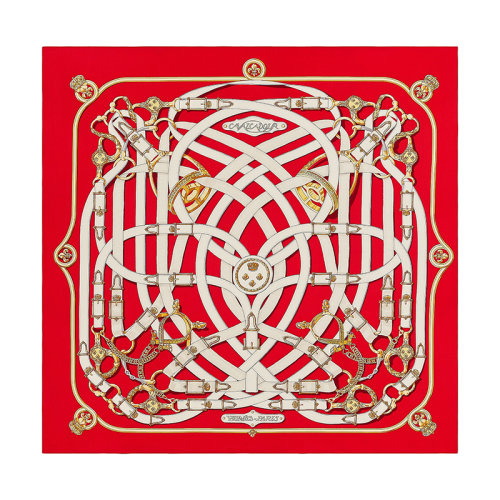 HERMES/爱马仕 140骑兵 女士红色/白色/金色羊绒真丝披肩H241698S19