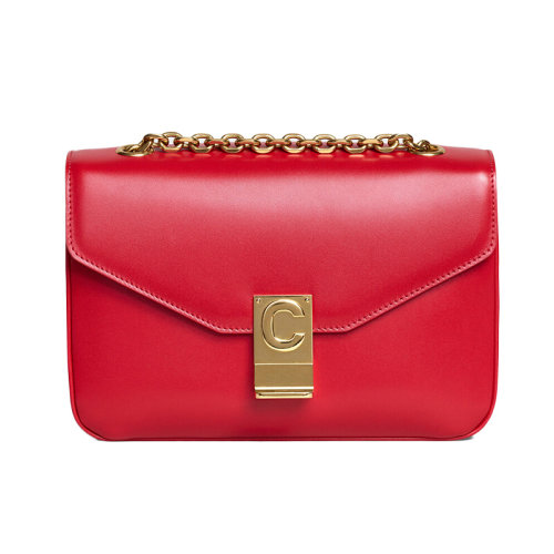 CELINE/赛琳  思琳女包 字母C 女士红色小牛皮时尚链条翻盖单肩包 187253BFB.27ED
