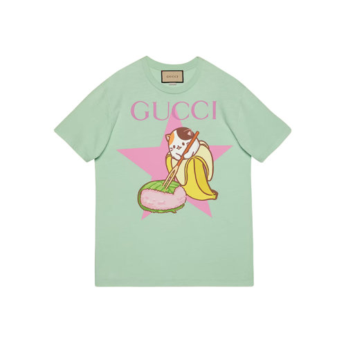 GUCCI/古驰 22年秋冬新款 爱的进行曲系列 女士薄荷绿色纯棉Bananya香蕉喵印花短袖T恤615044XJD8H3176